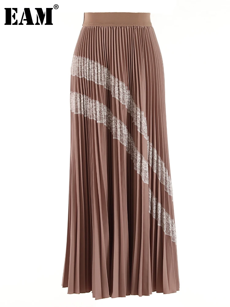 

[EAM] High Elastic Waist Khaki Pleated Striped Lace Elegant Half-body Skirt Women Fashion Tide New Spring Autumn 2023 1DF6896