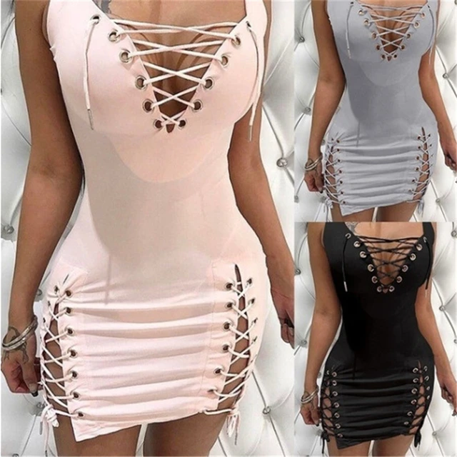 Womens Dresses 2025 New Summer Solid Color Deep V-neck Sexy Slim Fit Eyelet Lace Up Sleeveless Casual Daily Mini Dress 1
