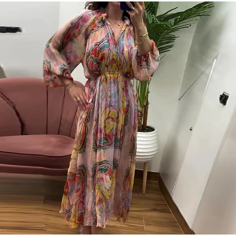 Retro Print Elegant Pleated Lantern Long Dress Sleeve V-neck Single Breasted Dress A-line Casual High Waist Women Summer Robe