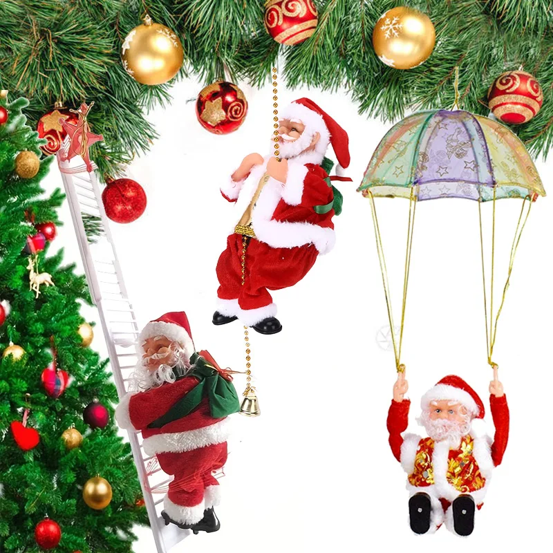 Santa Claus Climbing Beads Battery Operated Electric Climb Up and Down Climbing Santa with Light Music Christmas Decor Ornaments