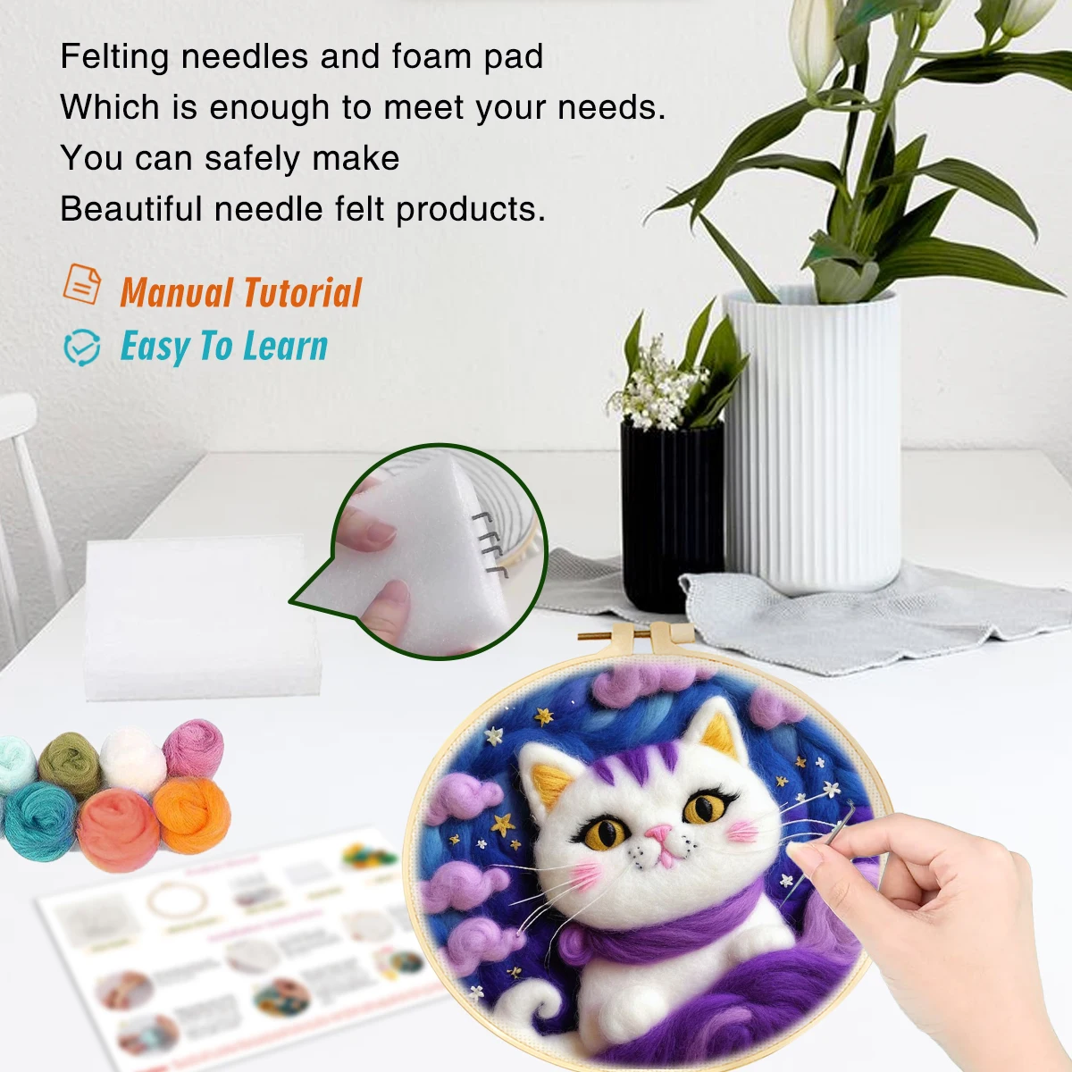 CHENISTORY DIY Wool Felting Needles Cat Animals Pattern Set For Wool Paintings Felt Craft With Frame Felting Kit Home Decor