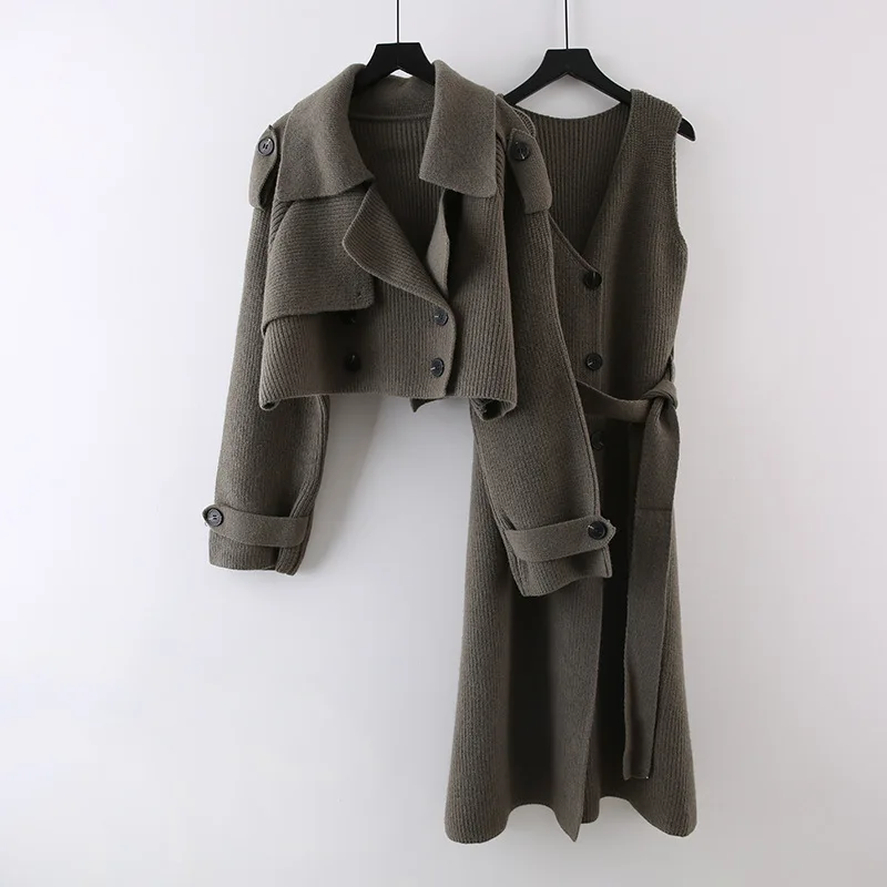 

Streetstyle Fashion Knitted 2 Pieces Set For Women Lapel Single Breasted Long Sleeves Patchwork Coat Straight Belt Dresses Y2K