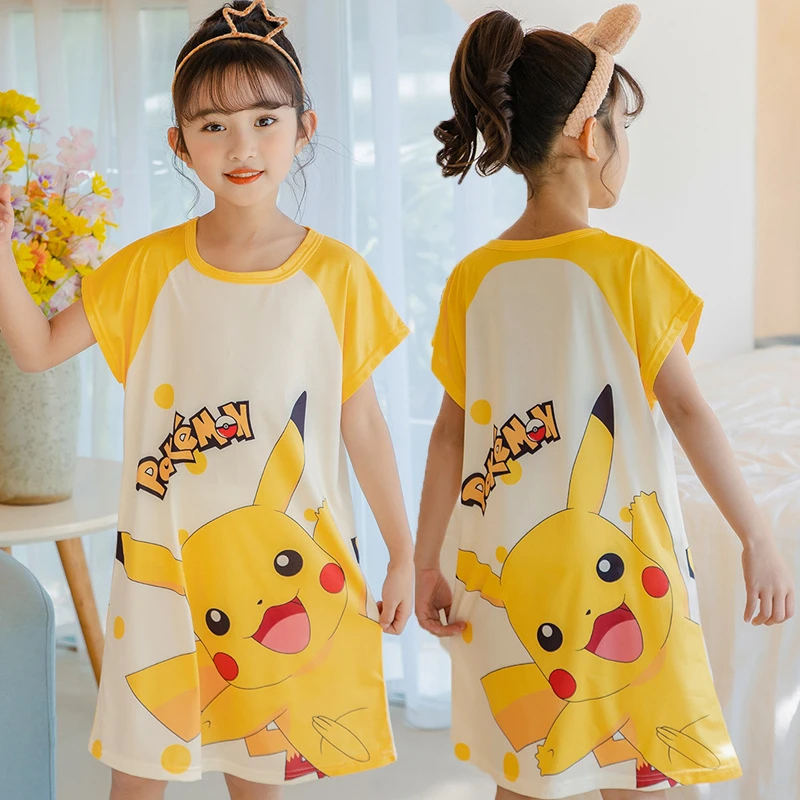Pikachu vestido de noche de Pokémon niñas, ropa de dibujos animados para pijamas de manga corta, vestido de princesa reina la nieve, ropa de dormir para niños| - AliExpress