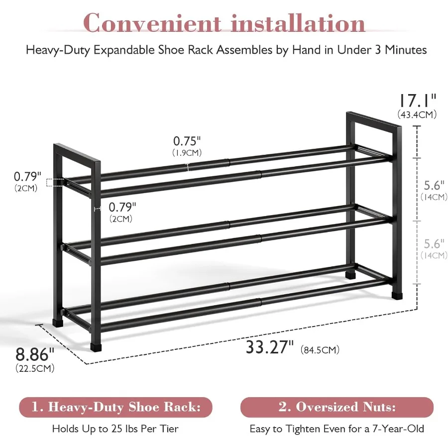 3Tier Expandable Shoe Rack for Closet 1833 Adjustable Shoe Rack for Small Space Small Shoe Organizer for Front Door Sturdy Meta