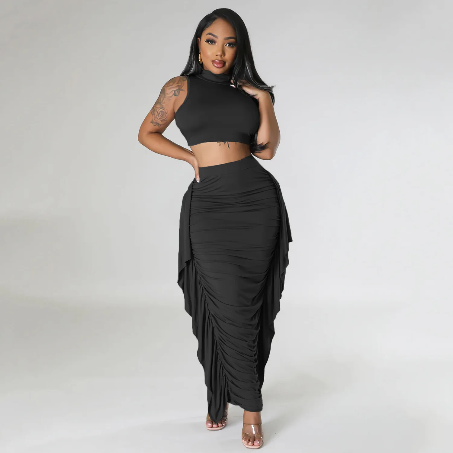 Casual O-collar Sleeveless Bandage Tight Vest and Pure Color of Tall Waist Ruched Midi Skirt Streetwear Two Piece Set for Women women s spicy girls backless tight zipper bodysuit sleeveless pants monochromatic v neck small foot street fashion new