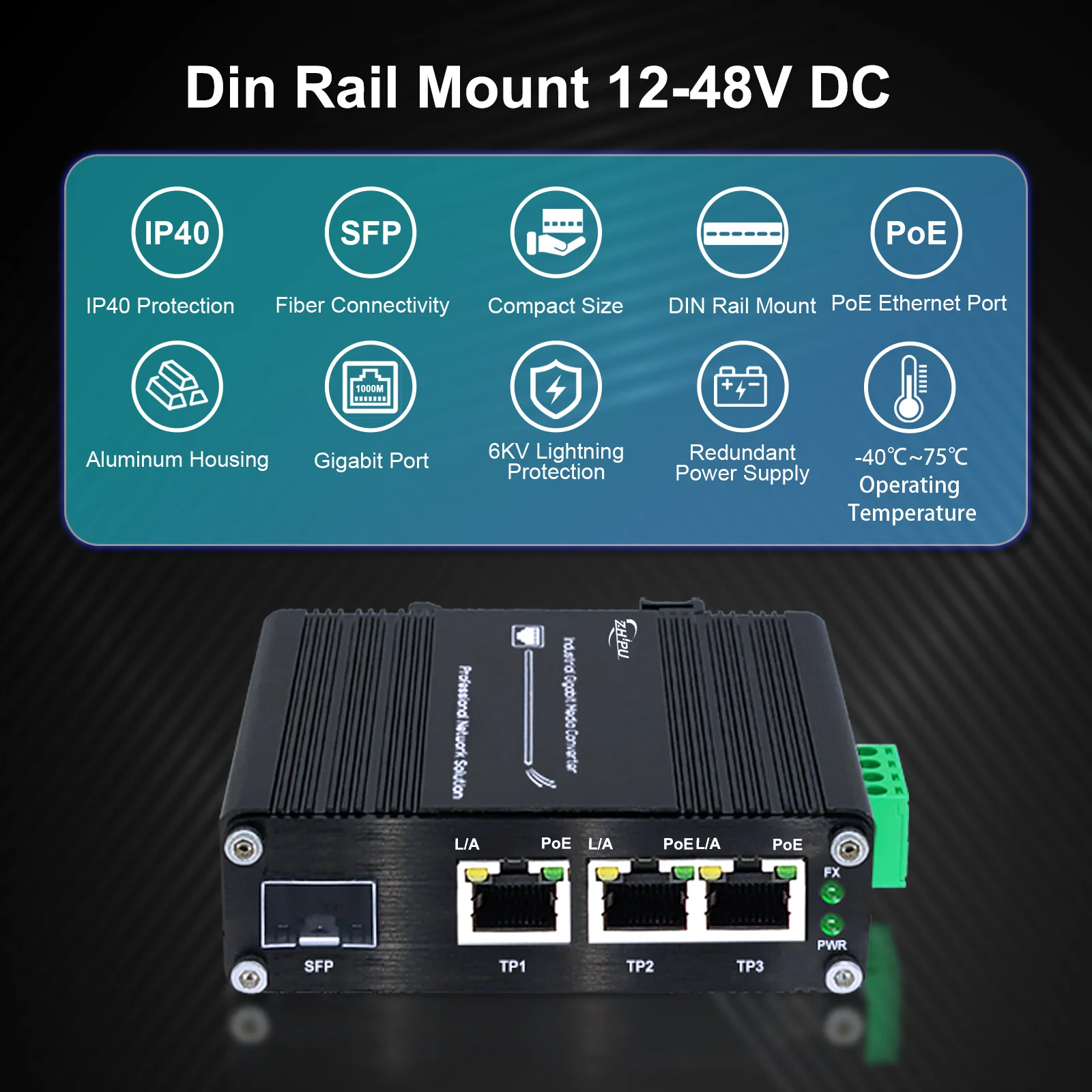 3 Ports Mini Industrial Gigabit Ethernet Switch 10/100/1000Mbps RJ45, 100/1000Base-X SFP Port Din Rail Network Switch