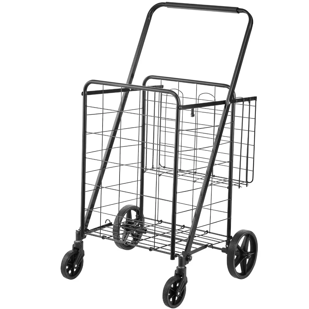 

Folding Shopping Cart Rolling Grocery Laundry Cart Utility Trolley With Double Baskets Swivel Wheels Adjustable Handle Black