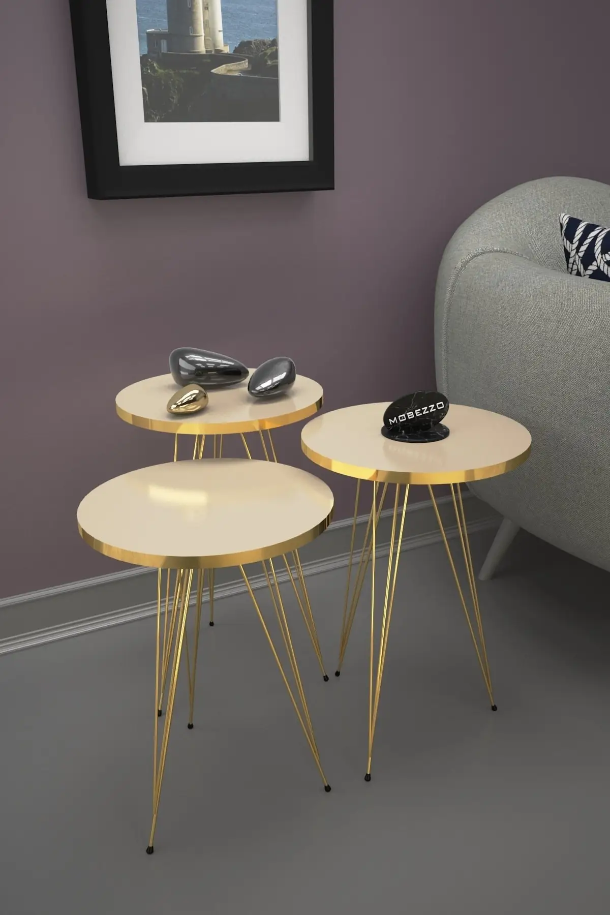 DOLBOVI 3'lü Zigon Coffee Table Gold Metal Foot Cream Coffee Table