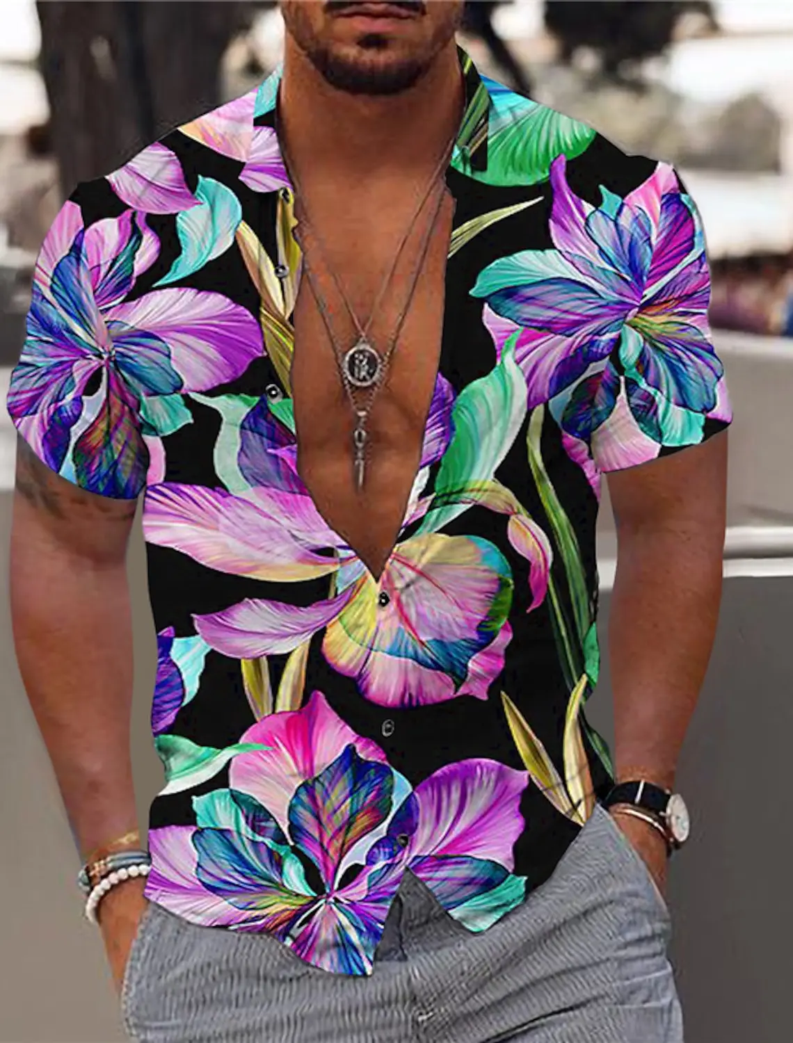 thumbnail image 1 of Camisa de hombre Camisa gráfica Camisa hawaiana Estampado floral Camisa de exterior de manga corta con botones Ropa estampada Casual Transpirable, 1 of 4