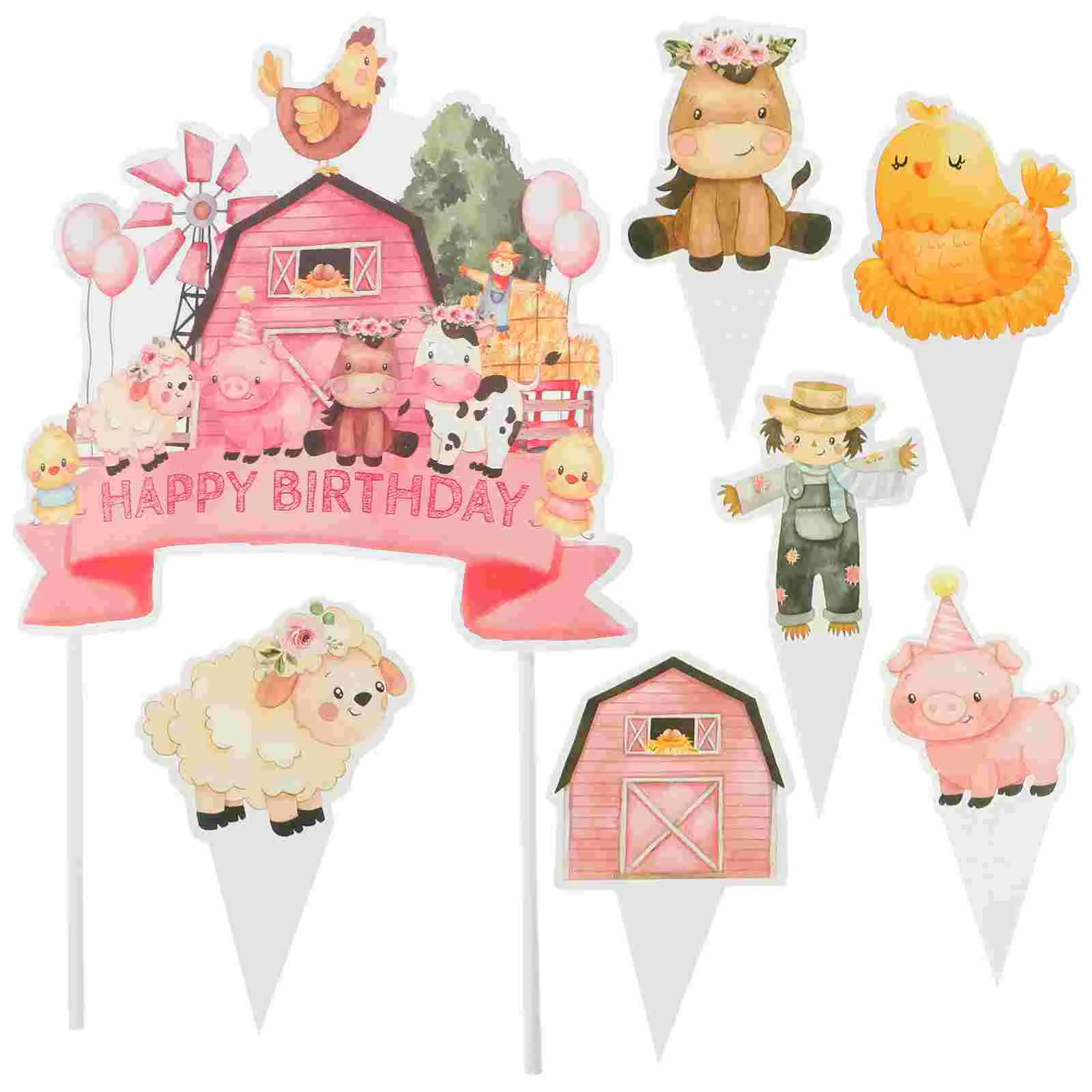 

Pink Farm Birthday Party Cake with Flags (12 Small and Large) Cupcake Decorations Fruit Picks Cakes Animals Topper Fudge