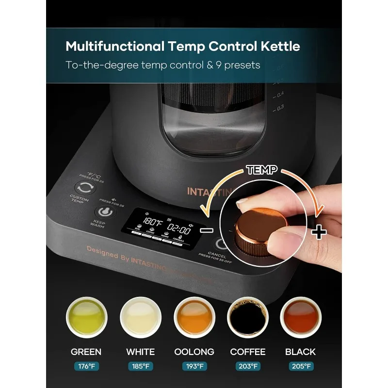Electric Kettle, INTASTING Wide Opening Glass Kettle with Tea Infuser, 9 Smart Presets, Auto Memory, Mute, 1200W Fast Heating