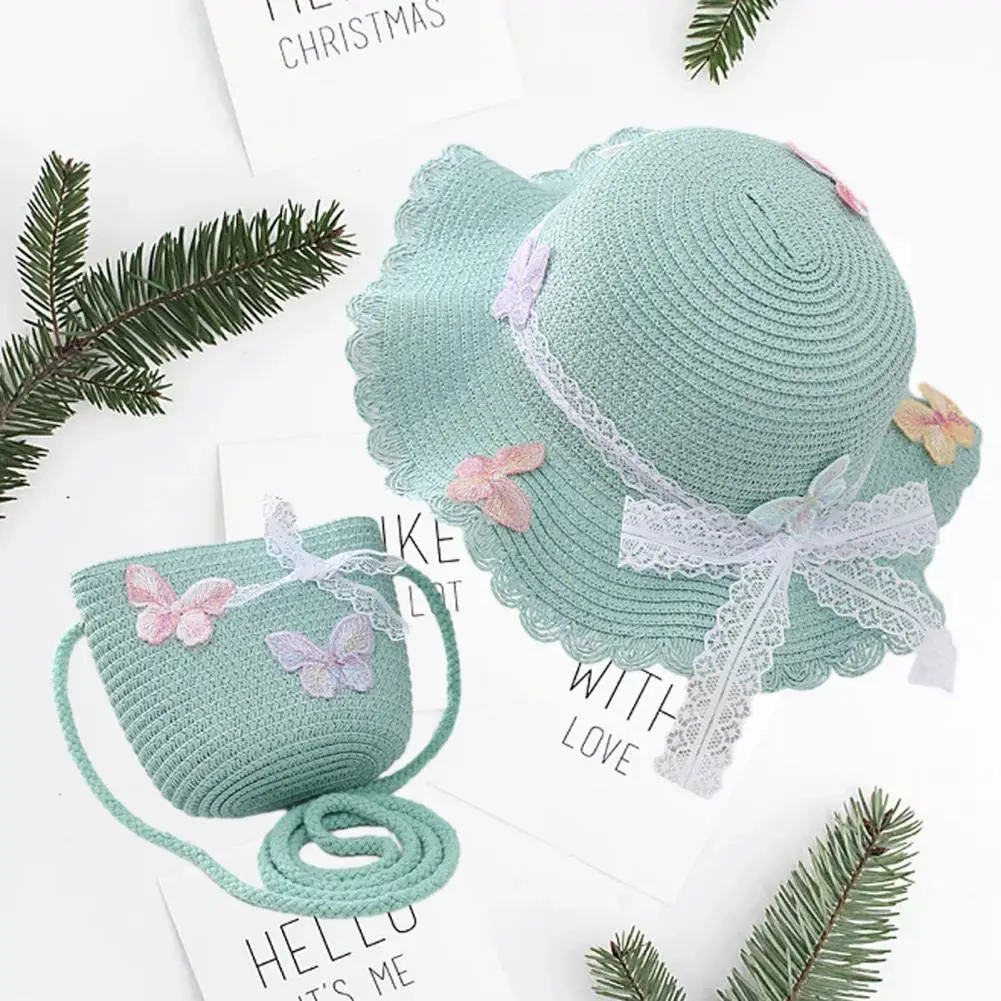 

Beautiful Lace Bow-knot Summer Vacation Girls Bag Hat Set Girls Headwear Children Straw Sun Hat Children Cap Crossbody Bag