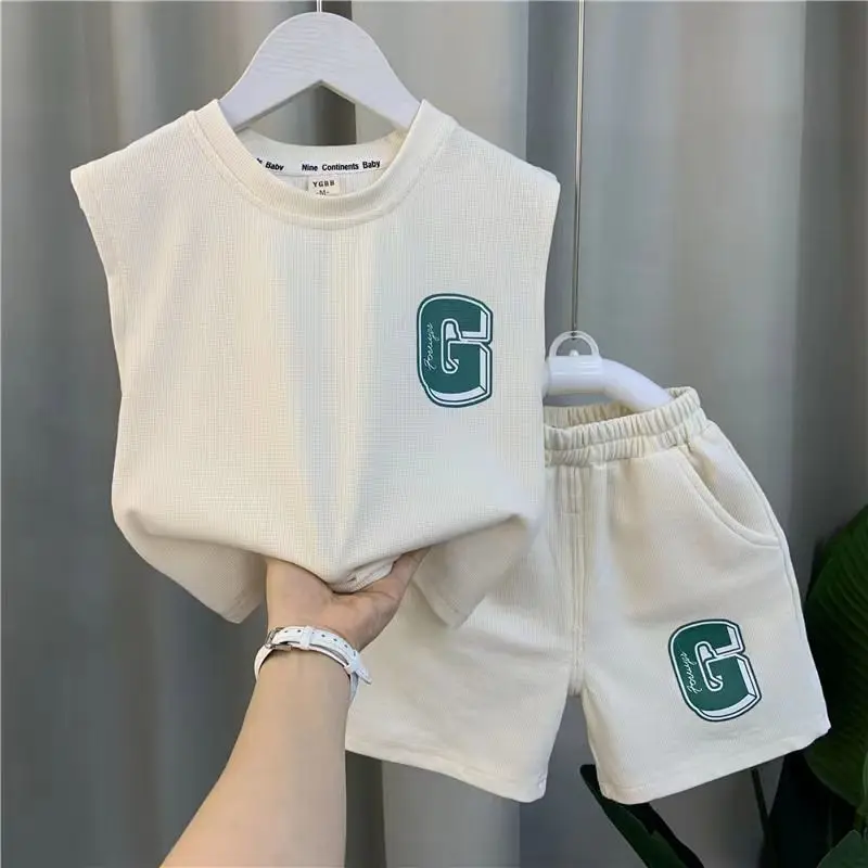Summer Children Boys 2PCS Clothes Set Cotton Letter Bear Sleeveless Tops Tee Suit Thin Cool Sporty Shorts Kid Babys Boys Outfits