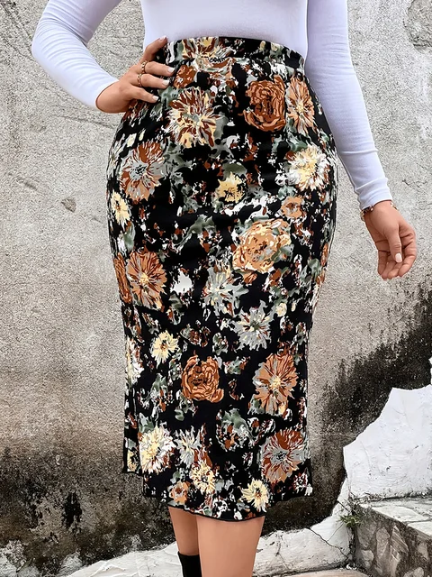 GIBSIE Plus Size Floral Print Retro Bodycon Women Skirt Fashion
