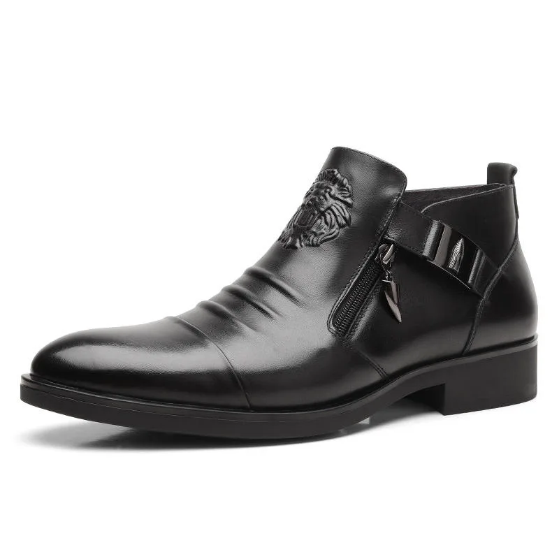 Men Dress Boots Men Black Dress Boots Fashion Motorcycle Boots PU Printing Double Side Zipper Man Western Knight Short Outdoor Dress Shoes