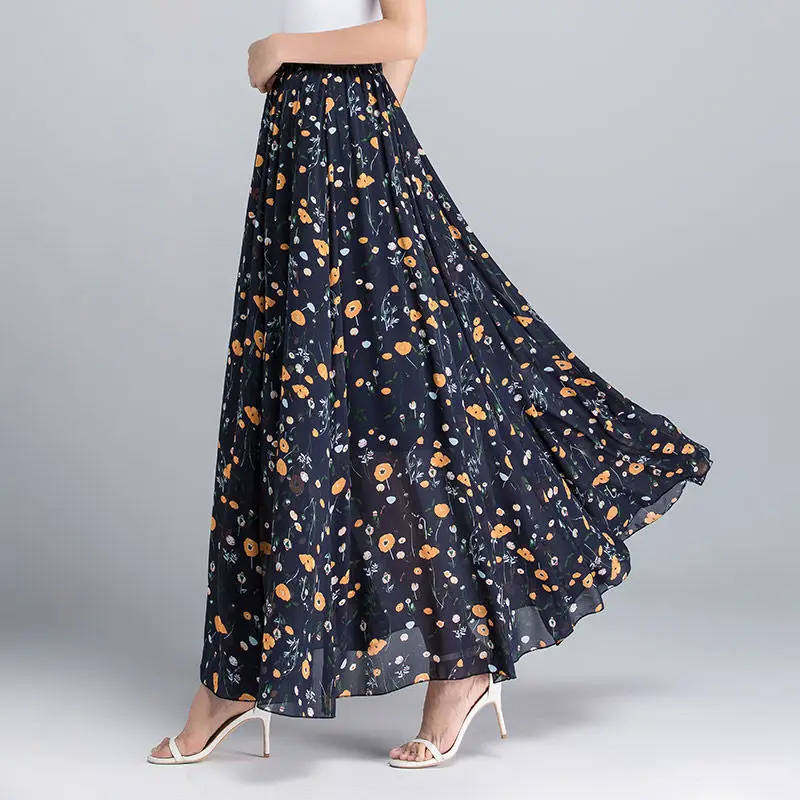ZMZBCH Summer Autumn High Waist Skirts Womens Elastic Waist Full Long Skirt Print A-Line Mother Dance Skirts Swing Chiffon Skirt 5