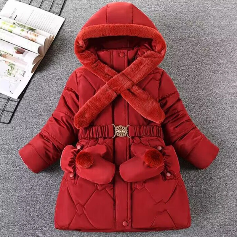 Girls Winter Jacket Fur Collar Hooded Zipper Outerwear 6-12 Years