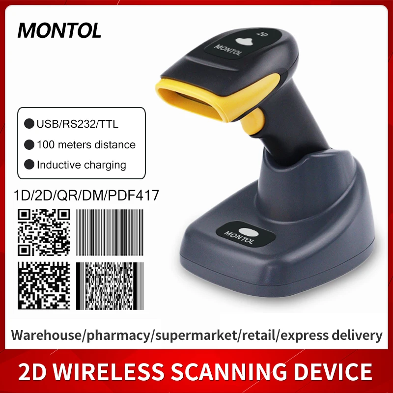 Montol Wireless Barcode Scanner 2D QR PDF417 CMOS 433MHz Handheld Barcode Scanner MT-4120