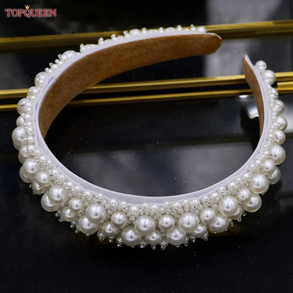 TOPQUEEN S101-D Handmade Wedding Headband Luxury Flower Pearl Baroque Headwear Jeweled and Diamonds Headpiece for Bridal Party
