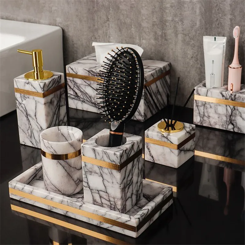 Natural Marble Bath Liquid Soap Dispenser Aromatherapy Bottle Toothbrush Rack Tissue Box Tray Dish Wedding Gifts By Piece