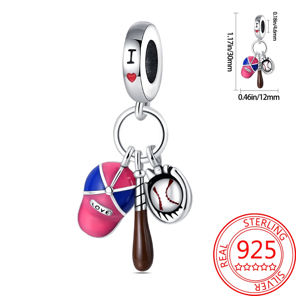 Ensemble de pendentif de baseball en argent regardé 925 pour le sport et le fitness, convient au bracelet Pandora, matériaux assortis mélangés, cadeaux pour un ami, 3 pièces