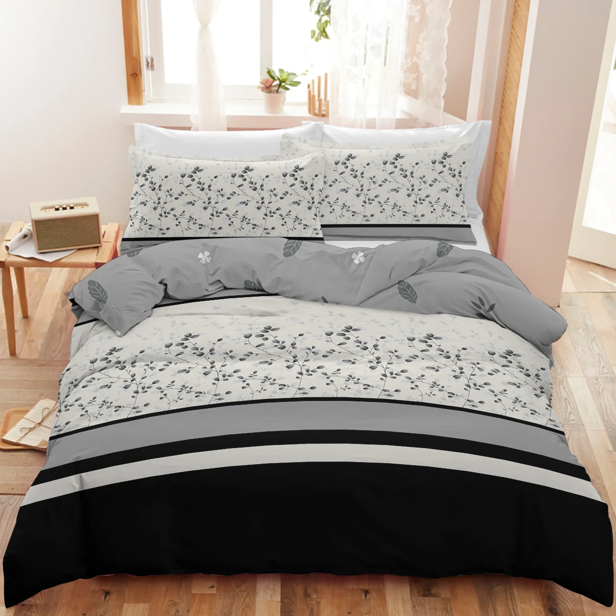 

Комплект постельного белья с серым цветочным пододеяльником из мягкой микрофибры с эффектом потертости, черный и белый цвета, Комплект постельного белья с 2 наволочками