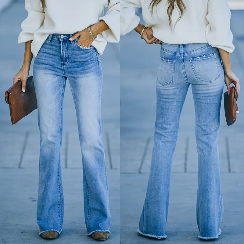 Independent Station New Tassel Elastic Mid-Waist Slightly Flared Jeans Female Super Hot