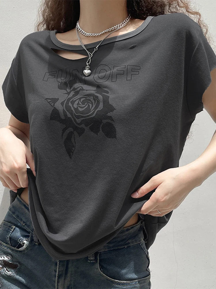 

Свободная футболка с вырезами и коротким рукавом, модная футболка с надписью Goth Rose в стиле Харадзюку, Повседневная летняя футболка в стиле ретро, ASTS85288, 2022
