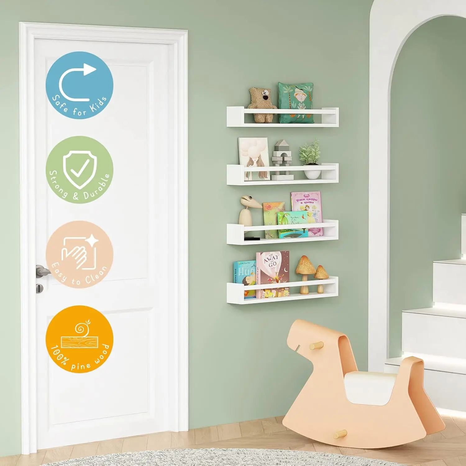 24-Inch Children's Bedroom Wall Bookcase (Set of 4), White Floating Baby Bookcase, Large Wooden Wall Bookcase and Toy Organizer 4