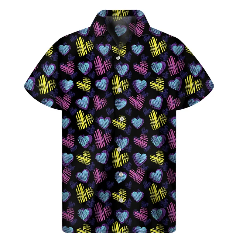 thumbnail image 1 of Camisa hawaiana con estampado 3D de corazones de amor popular para hombres y mujeres, camisas hawaianas de verano, blusas de manga corta con botones y solapa de calle, 1 of 5