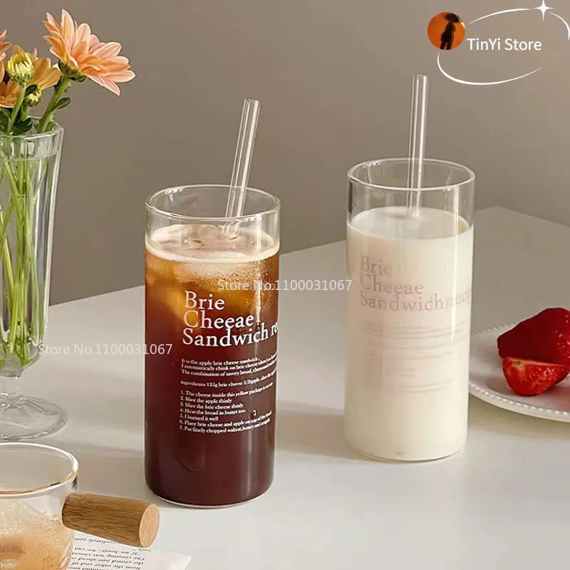 375ML Simple Stripe Glass Cup with Lid Straw Transparent Heat Resistant  Juice Milk Mugs Coffee Aesthetic Glasse Kitchen Supplies - AliExpress