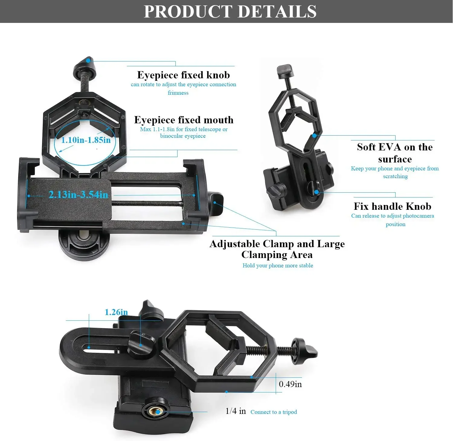 Scope Mount Adapter Portable Mobile Phone Telescope Mount Adapter Mount Clip Monocular Spotting Scope Binocular Holder Support Eyepiece Decorative