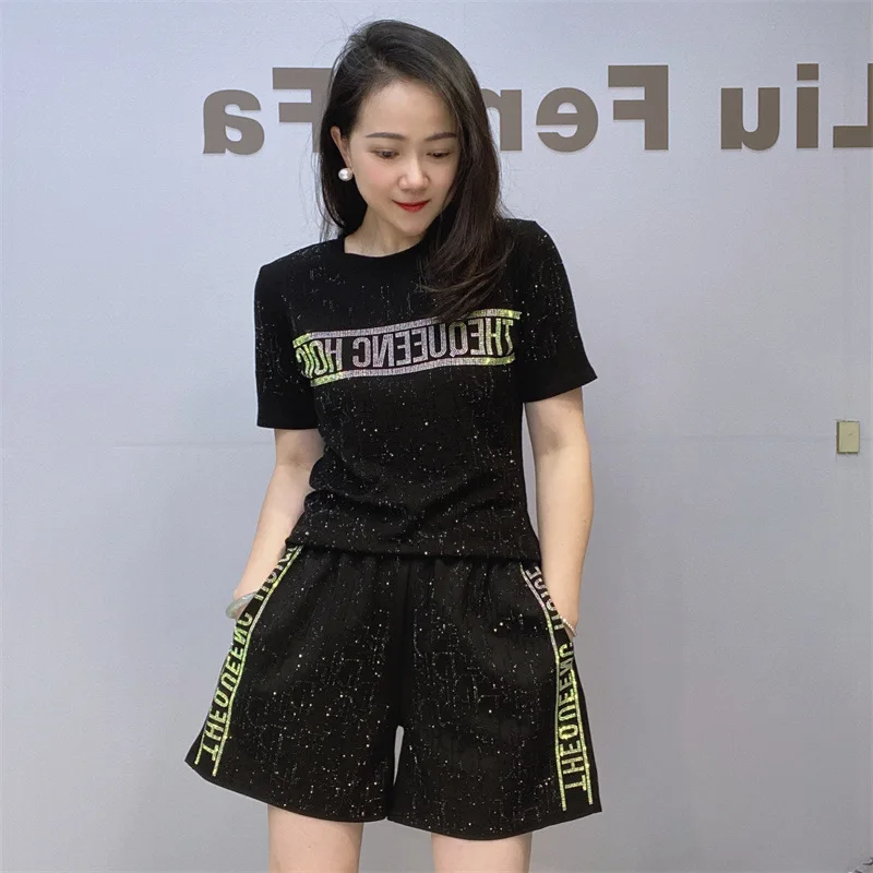 Women Sports Set Women's Summer Fashion Diamond Short Sleeve Wide Leg Pants Two Piece Set Knitting Short Sets