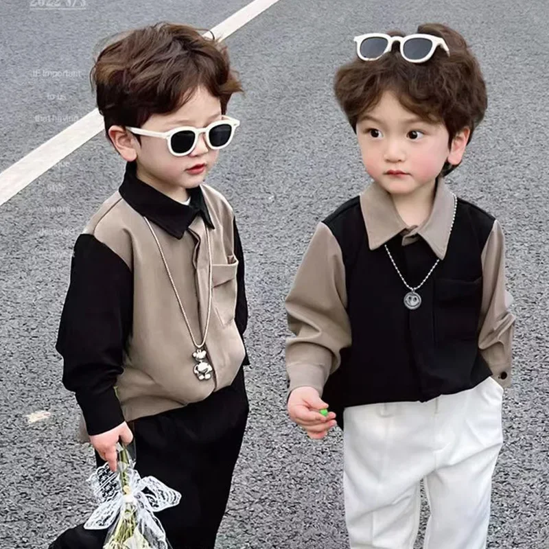 Boys Color Block Shirt British Style Trendy Streetwear Spring Kids Clothing Small Children Shirt Handsome