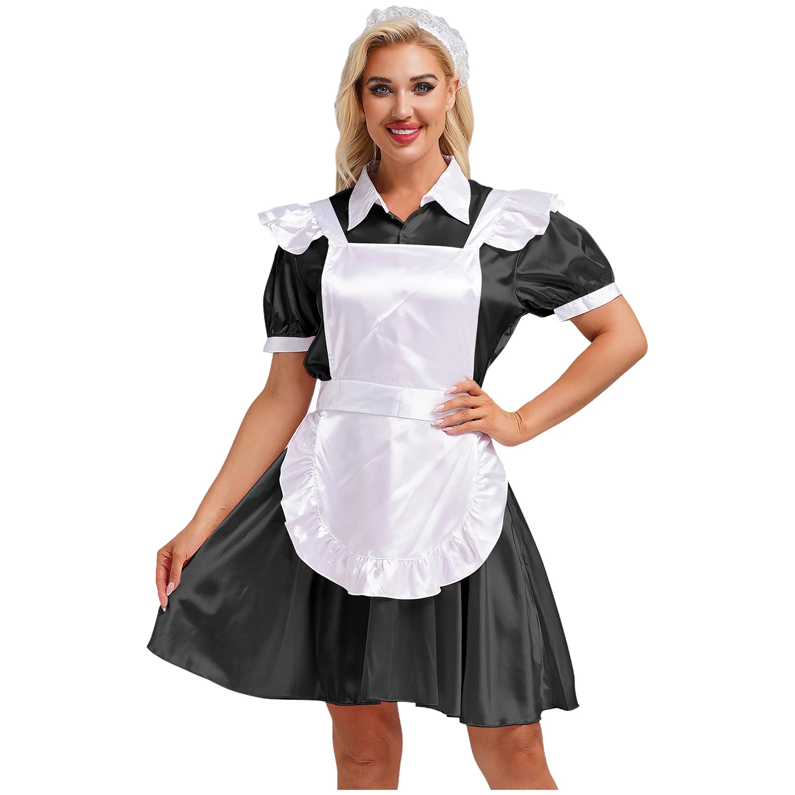 Womens French Maid Cosplay Costume Puff Sleeve Satin Dress with Apron Headband Maid Servant Dress Up Role Play Party Clubwear