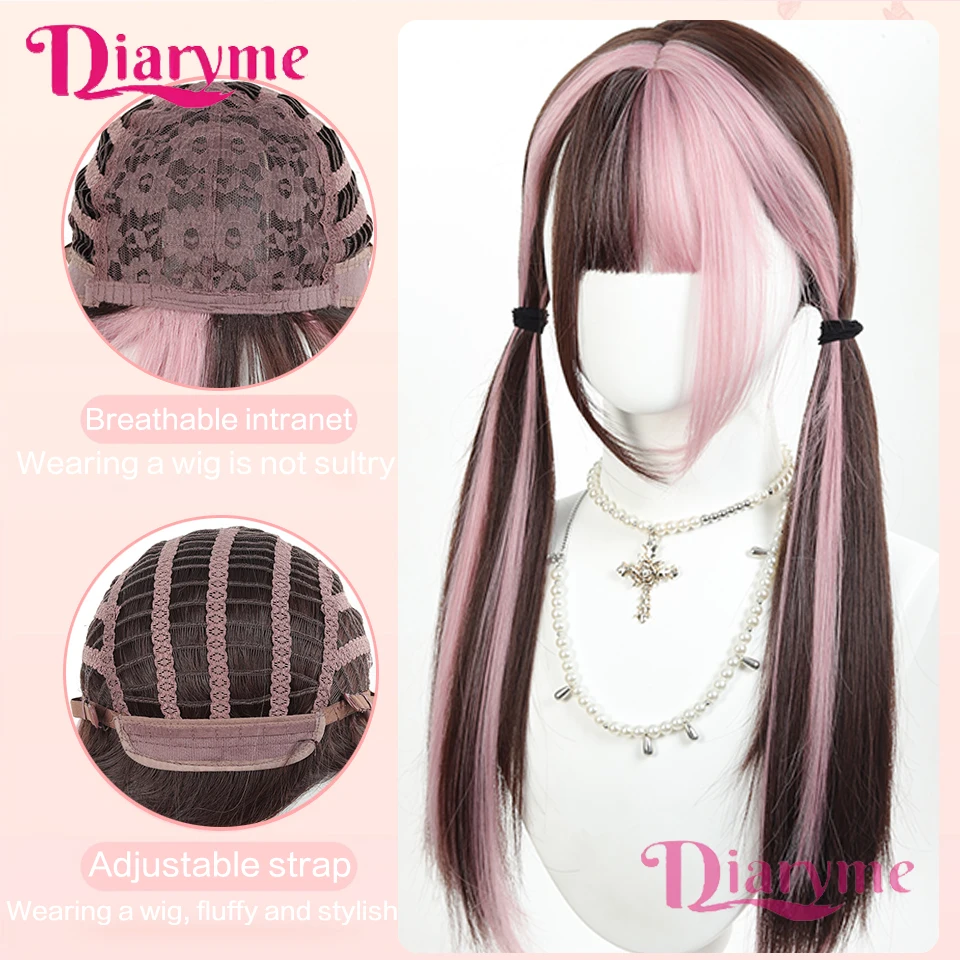 Synthetic Long Ombre Colorful Cosplay Lolita Cute Wig With Bangs Natural Wavy Halloween Pink Mixed Brown Daily Wigs Christmas