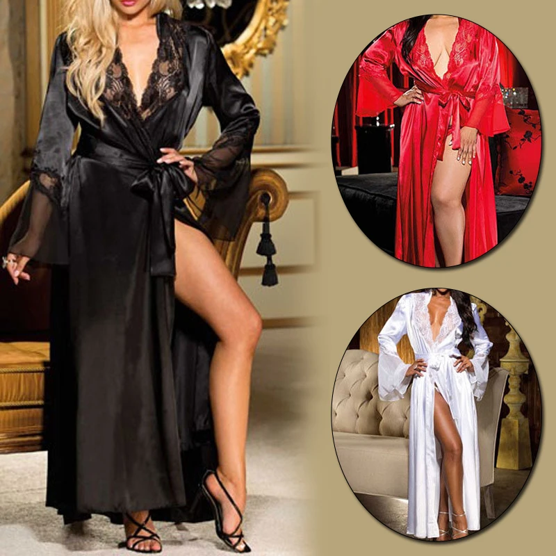 Women Sexy Lace V-Neck Bathrobe Nightdress Belt Long Sleeve Pajamas Robes Lingerie Sleepwear Nightgowns