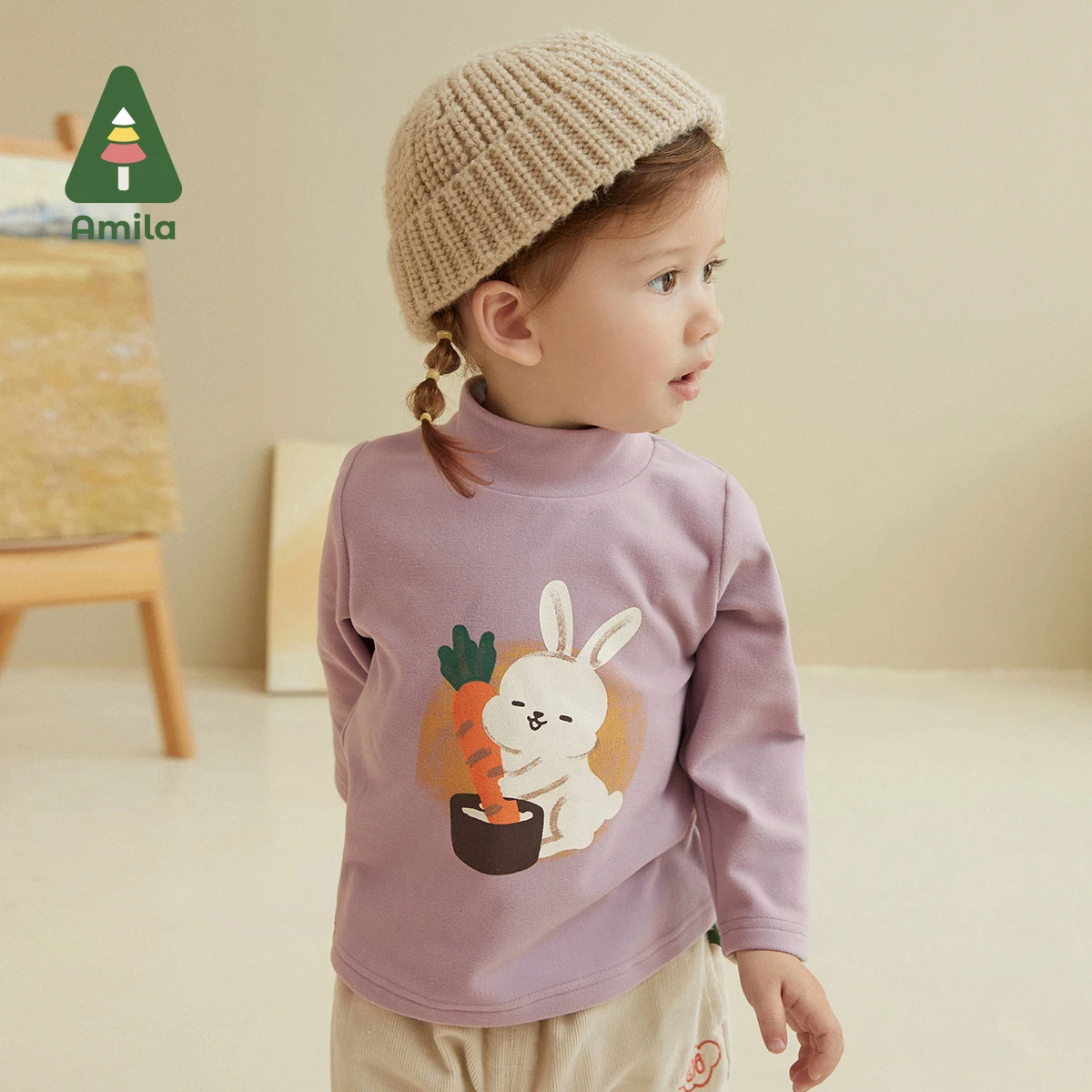 Amila Baby T-shirt Autumn High-collar Long Sleeves For Boys and Girls Soft Moon Rabbit Children Clothes Cartoon