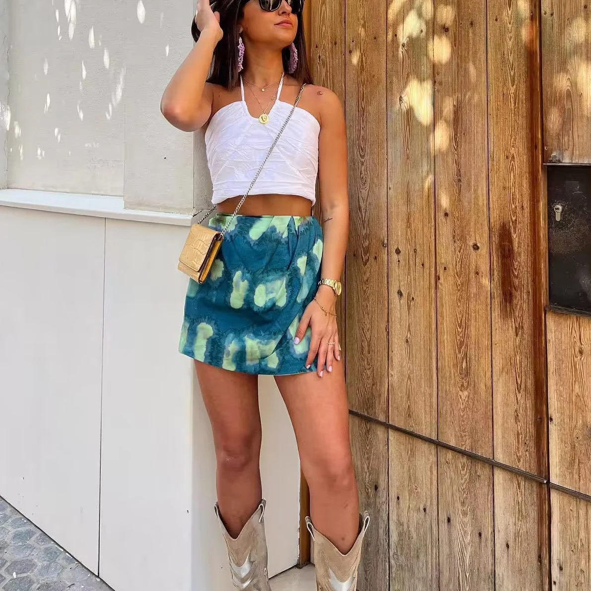 

Woman Vinatge Green Print Skirts 2023 Spring Female Irregular Print Mini Skirts Ladies Elegant High Waisted Pleated Skirt