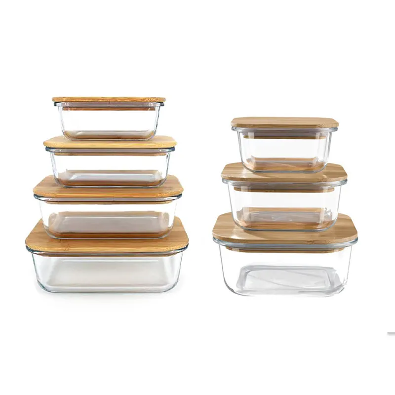 Wooden Lid Glass Lunch Box Microwave Heating Sealed Bento Boxes Refrigerator Freezer Box Fresh-keeping Soup Bowls