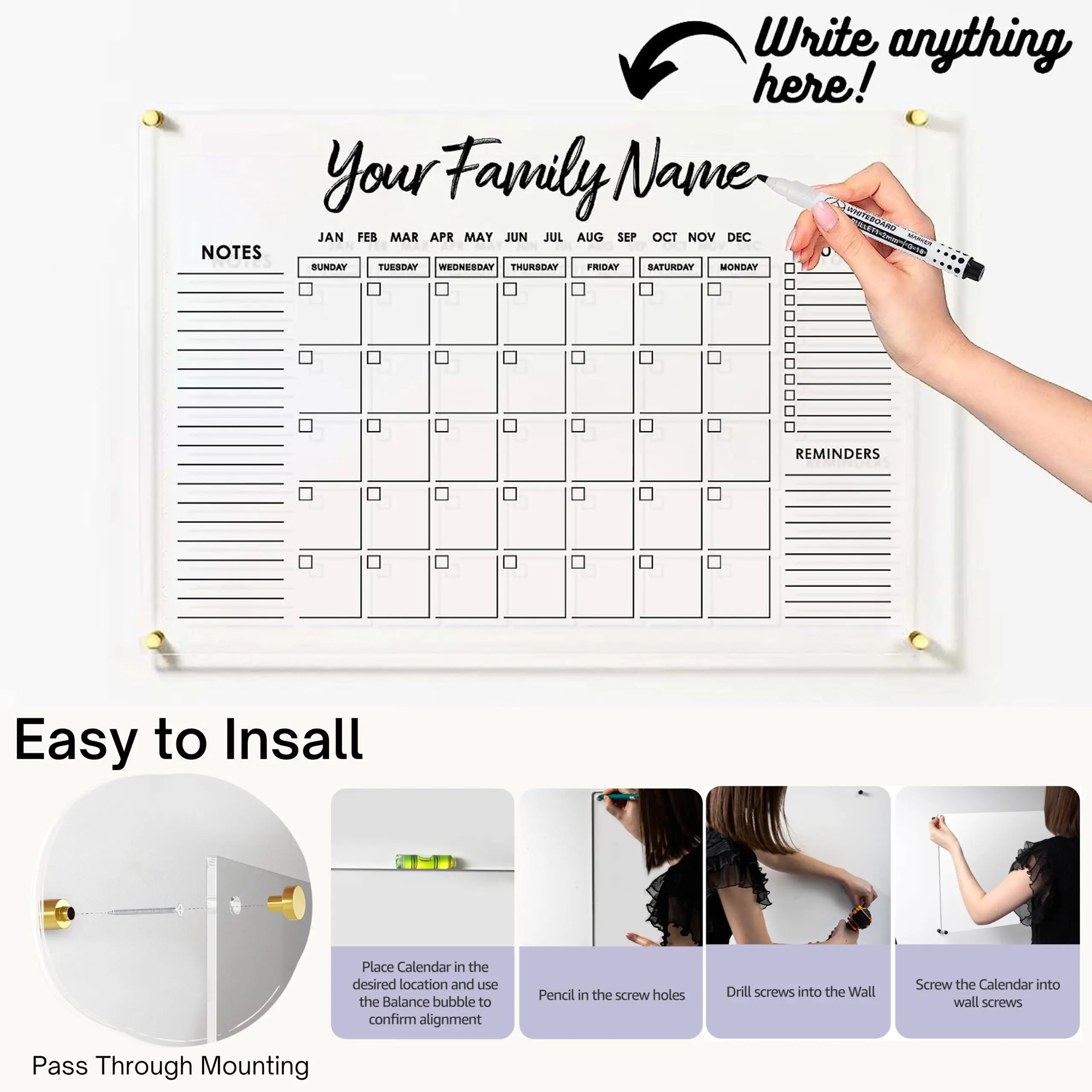 Large Oversize Crystal Clear Acrylic Wall Calendar Dry & Erase Board 40 X 60 Monthly Family Calendar Home Office Glass Cal