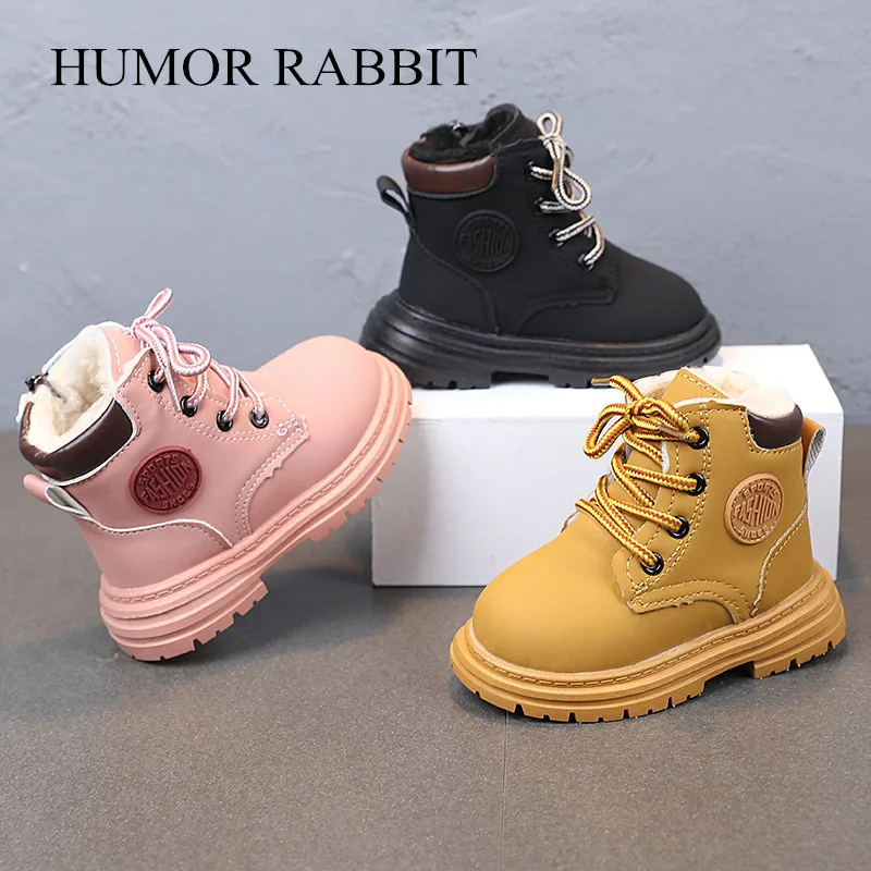 Winter Kids Snow Boots Boys Leather Shoes Thicken Warm Girls Cotton Shoe Fashion Non-slip Student Short Boots Toddler Size 21-36