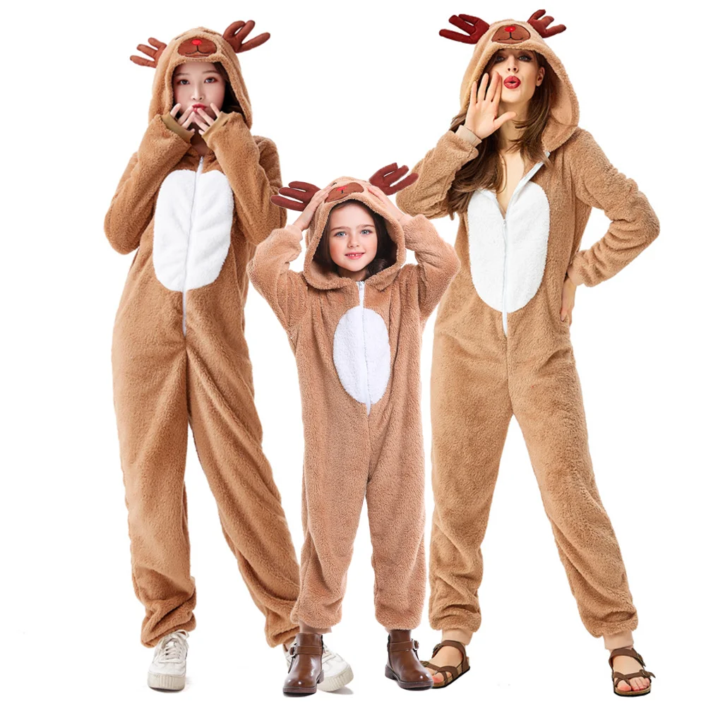 

Cute Reindeer Parent-Child Christmas Costume For Women & Girl Christmas Elk Cosplay Hooded Jumpsuit Coral Fleece Khaki Sleepwear