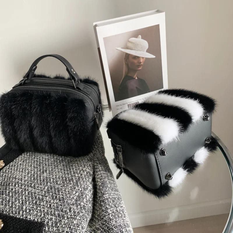 Mink Fur Bag Female Black White Handbag Real Mink Fur Shoulder