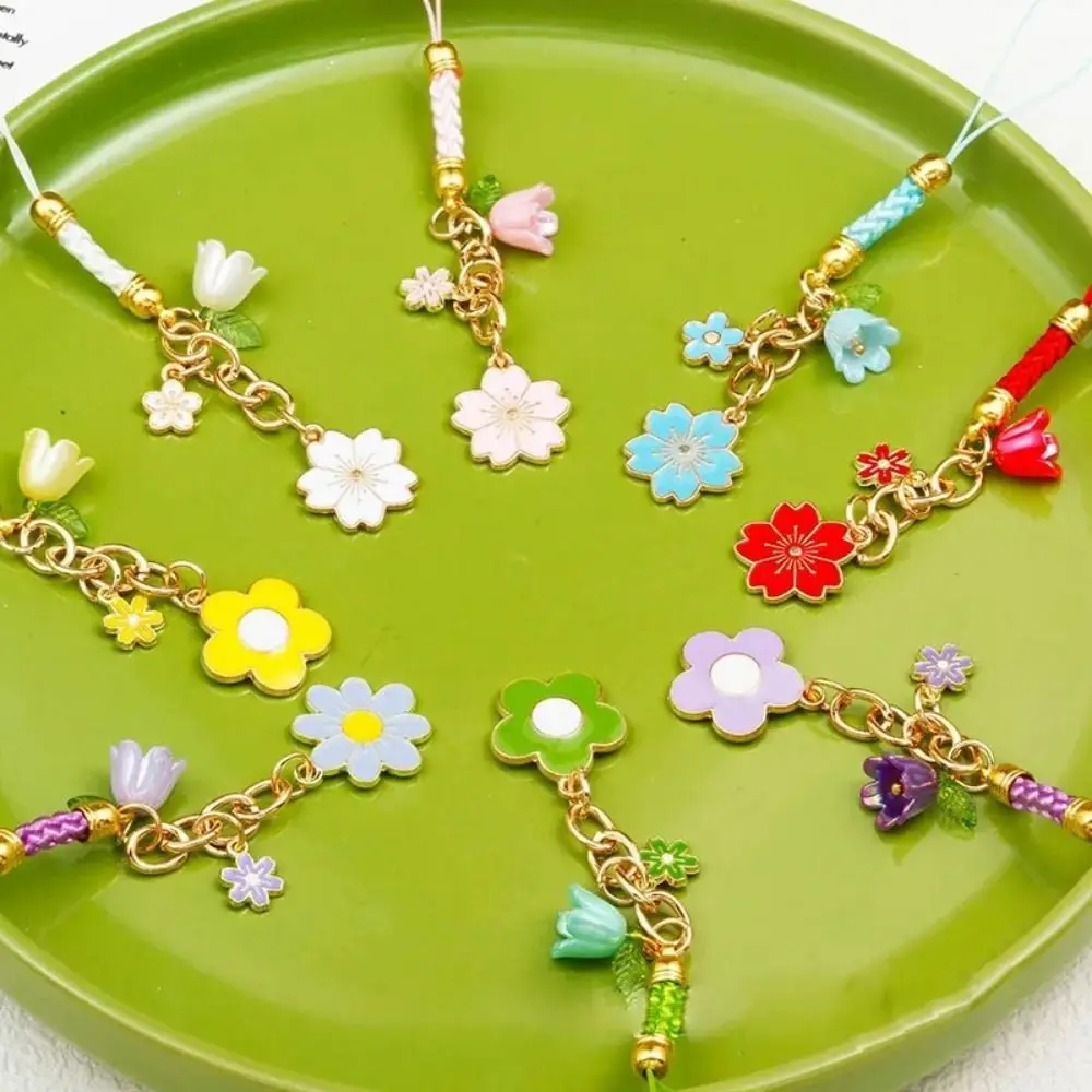 Phone Lanyard Anti Loss Cherry Flower Shape Mobile Phone Hanging Rope Keychain Colorful Pendant