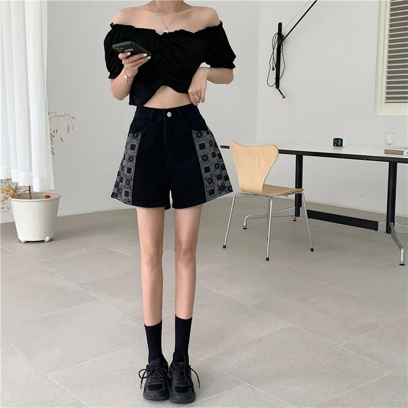 bike shorts Plus Size S-5XL Denim Shorts Women Retro Black Design Patchwork Baggy Short Streetwear Harajuku Button Fly Wide Leg Trousers BF ladies shorts