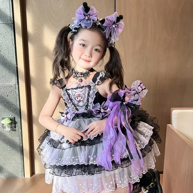 Halloween Sanrio Kuromi Children Dress Cartoon Lolita Princess Dresses Suit Summer Party Sweet Girl Birthday Gifts