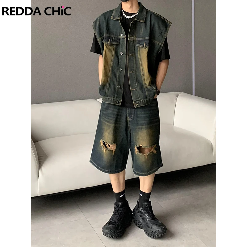 

Джинсовый костюм REDDACHIC в стиле ретро 90-х, мужской комплект из 2 предметов, жилет без рукавов, джинсовая куртка, повседневные мешковатые шорты с дырками, Y2k, рабочая одежда