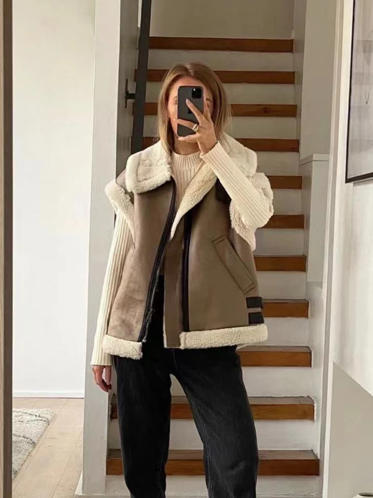 

PUWD Women Faux Fur All-in-One Vest 2022 Winter Ladies Warm Coat Zipper Retro Loose Female Thick Outwear Chaleco Borreguillo