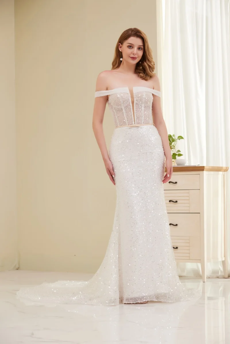 

100% Real Photo Mermaid Wedding Dresses Glitter Sequins Off Shoulder Boho Beach Bridal Gowns Custom Made Robes De Mariée